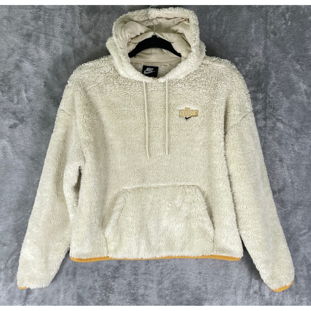 Nike Soft Plush Faux Fur Hoodie Womens Small Cream Cropped Pullover CU6425-238‎